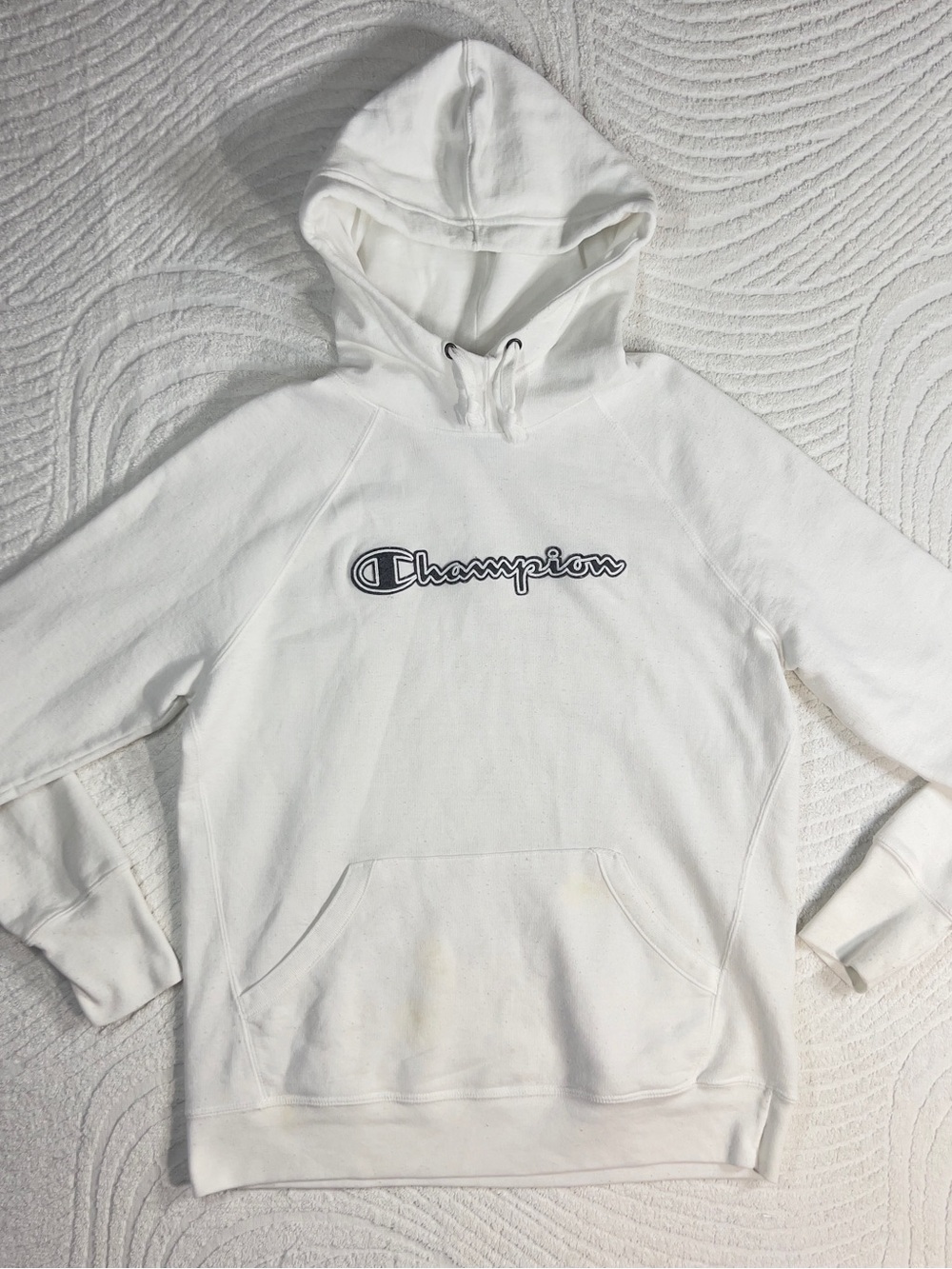 Champion White Hoodie with Blue and Red Script Logo Size M